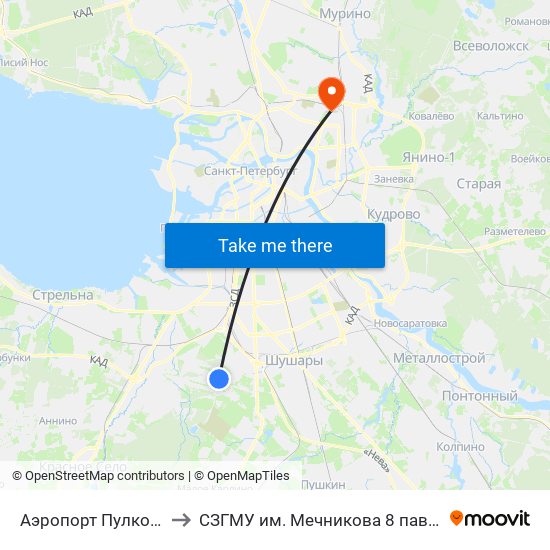 Аэропорт Пулково 1 to СЗГМУ им. Мечникова 8 павильон map