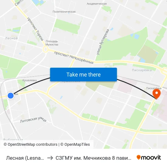 Лесная (Lesnaya) to СЗГМУ им. Мечникова 8 павильон map