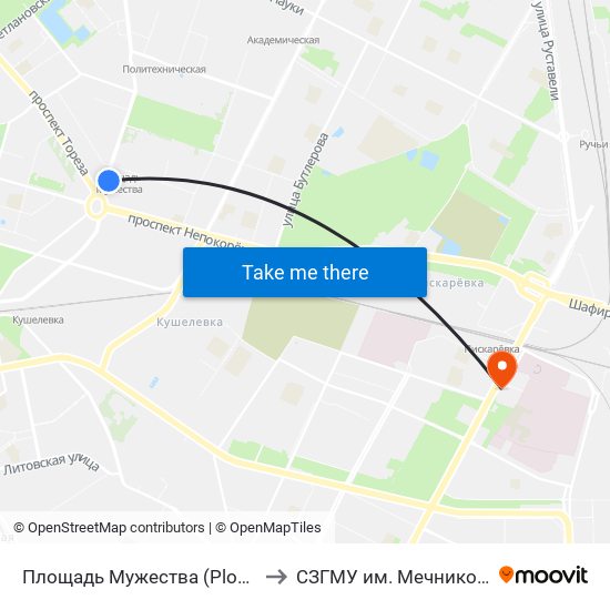 Площадь Мужества (Ploschad' Muzhestva) to СЗГМУ им. Мечникова 8 павильон map