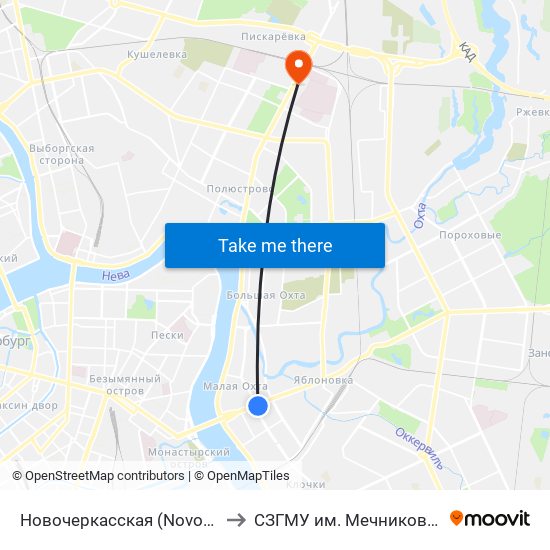 Новочеркасская (Novocherkasskaya) to СЗГМУ им. Мечникова 8 павильон map