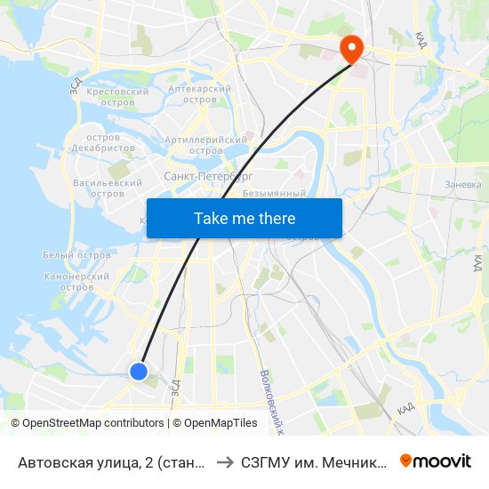 Автовская улица, 2 (станция метро Автово) to СЗГМУ им. Мечникова 8 павильон map