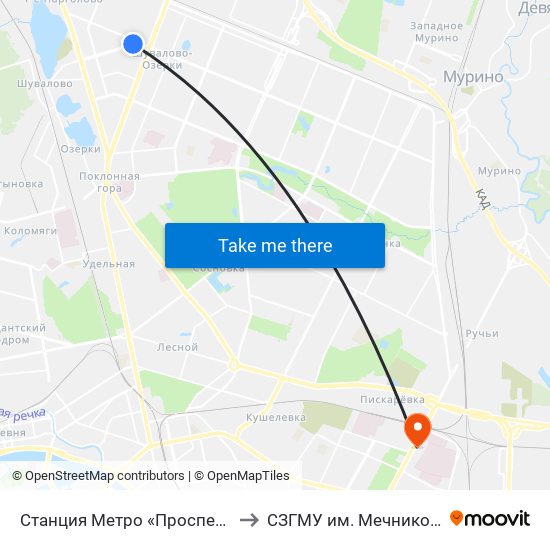 Станция Метро «Проспект Просвещения» to СЗГМУ им. Мечникова 8 павильон map