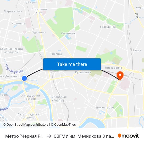 Метро "Чёрная Речка" to СЗГМУ им. Мечникова 8 павильон map