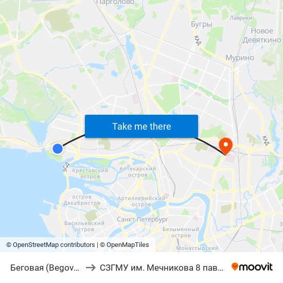 Беговая (Begovaya) to СЗГМУ им. Мечникова 8 павильон map