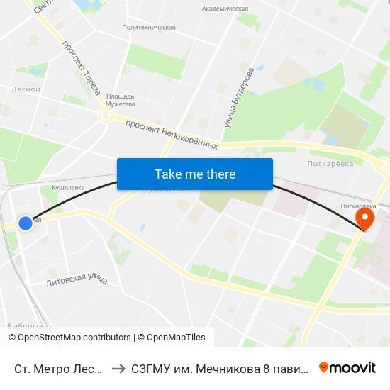 Ст. Метро Лесная to СЗГМУ им. Мечникова 8 павильон map