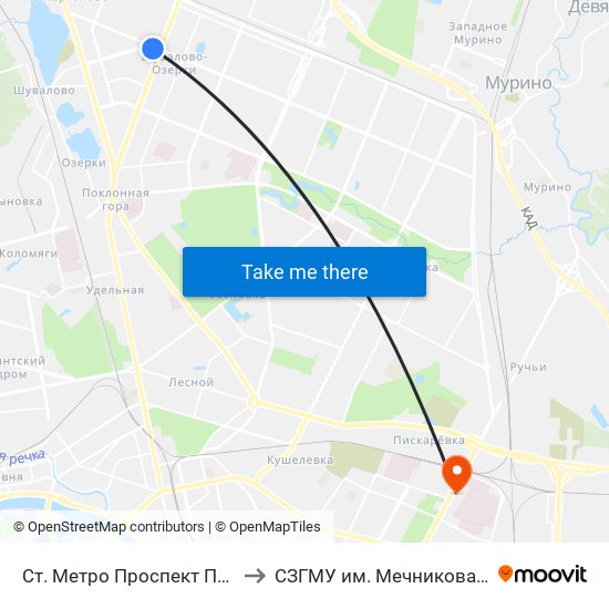 Ст. Метро Проспект Просвещения to СЗГМУ им. Мечникова 8 павильон map