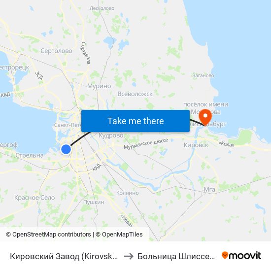 Кировский Завод (Kirovsky Zavod) to Больница Шлиссельбург map