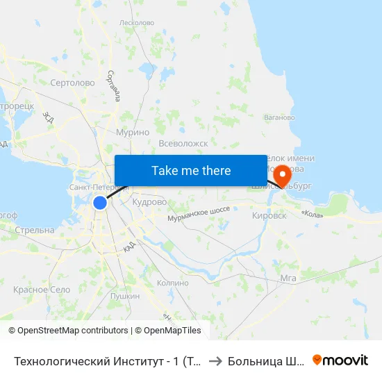 Технологический Институт - 1 (Tekhnologicheskiy Institut - 1) to Больница Шлиссельбург map