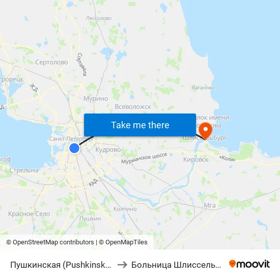 Пушкинская (Pushkinskaya) to Больница Шлиссельбург map