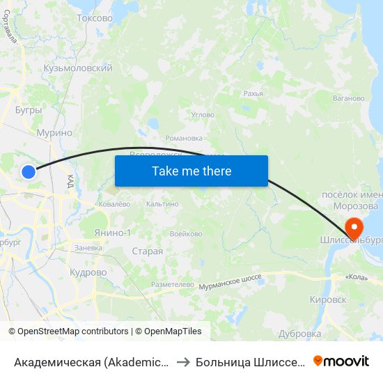 Академическая (Akademicheskaya) to Больница Шлиссельбург map