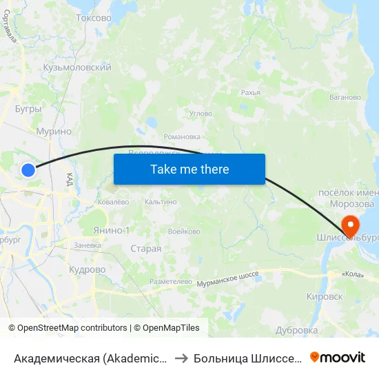 Академическая (Akademicheskaya) to Больница Шлиссельбург map