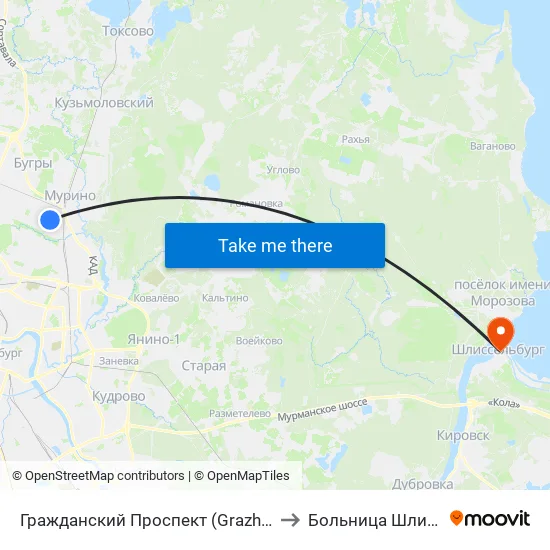 Гражданский Проспект (Grazhdansky Prospekt) to Больница Шлиссельбург map