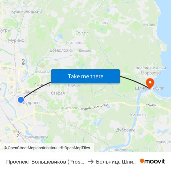 Проспект Большевиков (Prospekt Bol'Shevikov) to Больница Шлиссельбург map