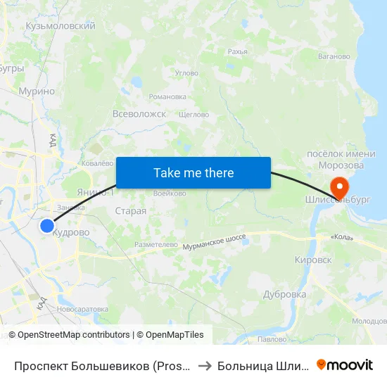 Проспект Большевиков (Prospekt Bol'Shevikov) to Больница Шлиссельбург map