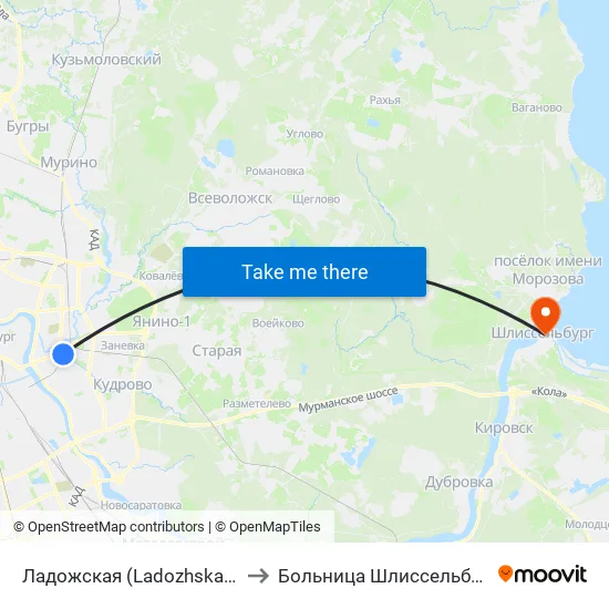 Ладожская (Ladozhskaya) to Больница Шлиссельбург map