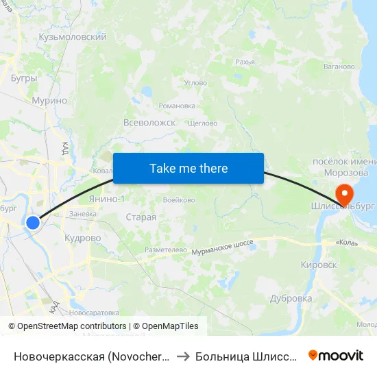 Новочеркасская (Novocherkasskaya) to Больница Шлиссельбург map