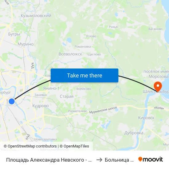 Площадь Александра Невского - 2 (Ploschad' Aleksandra Nevskogo - 2) to Больница Шлиссельбург map