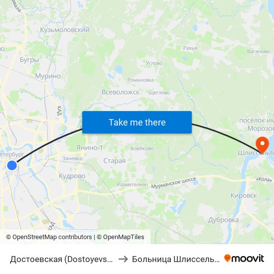Достоевская (Dostoyevskaya) to Больница Шлиссельбург map