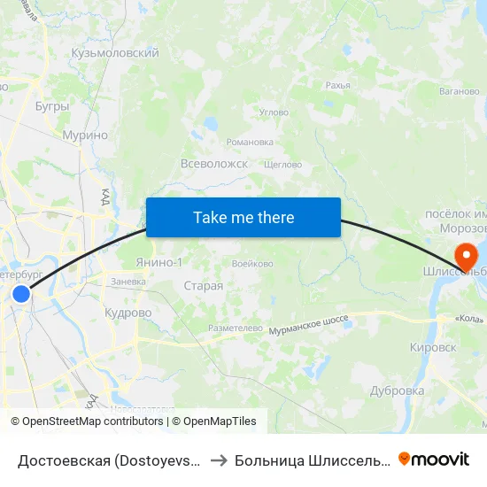 Достоевская (Dostoyevskaya) to Больница Шлиссельбург map