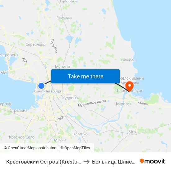 Крестовский Остров (Krestovskiy Ostrov) to Больница Шлиссельбург map
