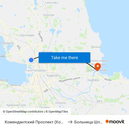Комендантский Проспект (Komendantskiy Prospekt) to Больница Шлиссельбург map
