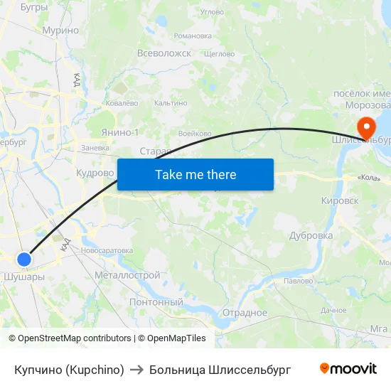 Купчино (Kupchino) to Больница Шлиссельбург map