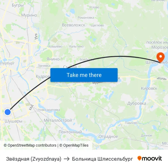 Звёздная (Zvyozdnaya) to Больница Шлиссельбург map