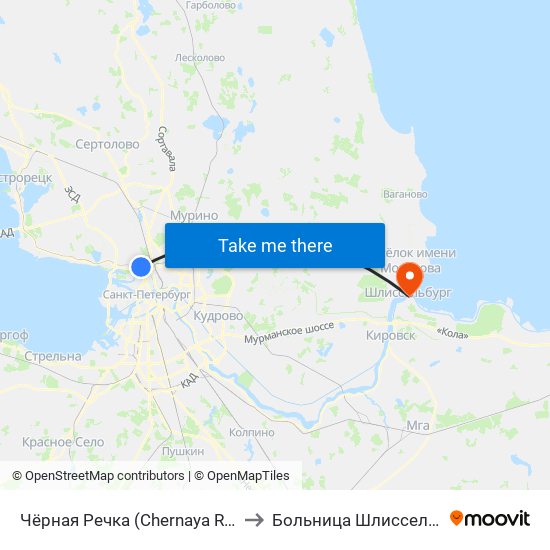 Чёрная Речка (Chernaya Rechka) to Больница Шлиссельбург map