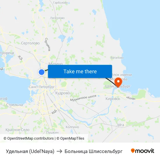Удельная (Udel'Naya) to Больница Шлиссельбург map