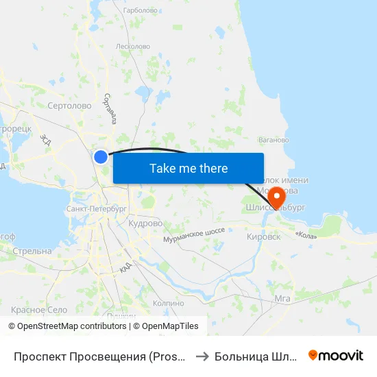 Проспект Просвещения (Prospekt Prosveschenya) to Больница Шлиссельбург map