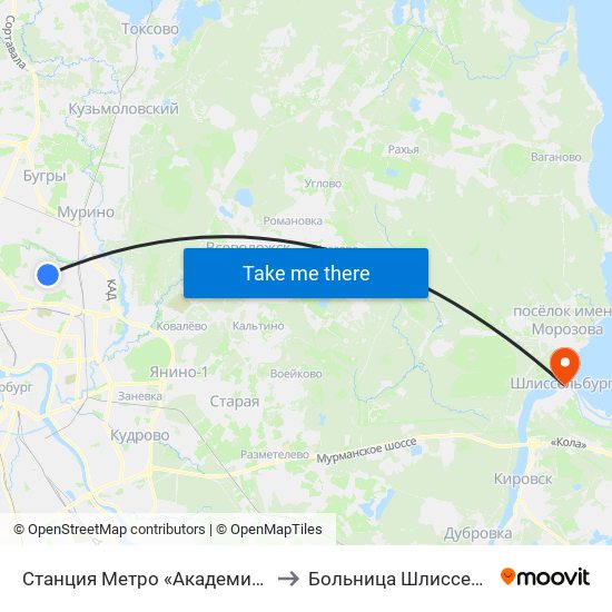 Станция Метро «Академическая» to Больница Шлиссельбург map