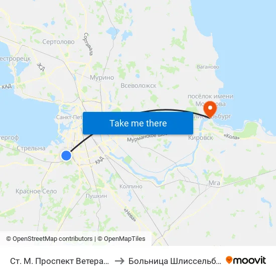 Ст. М. Проспект Ветеранов to Больница Шлиссельбург map