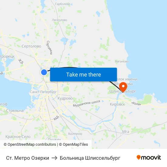 Ст. Метро Озерки to Больница Шлиссельбург map