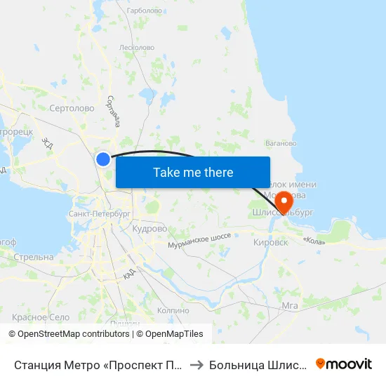 Станция Метро «Проспект Просвещения» to Больница Шлиссельбург map