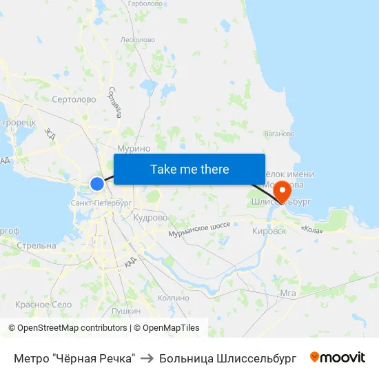 Метро "Чёрная Речка" to Больница Шлиссельбург map