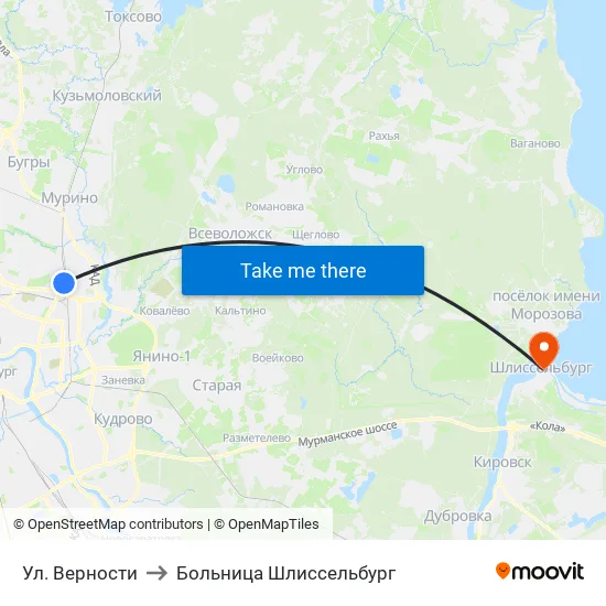 Ул. Верности to Больница Шлиссельбург map