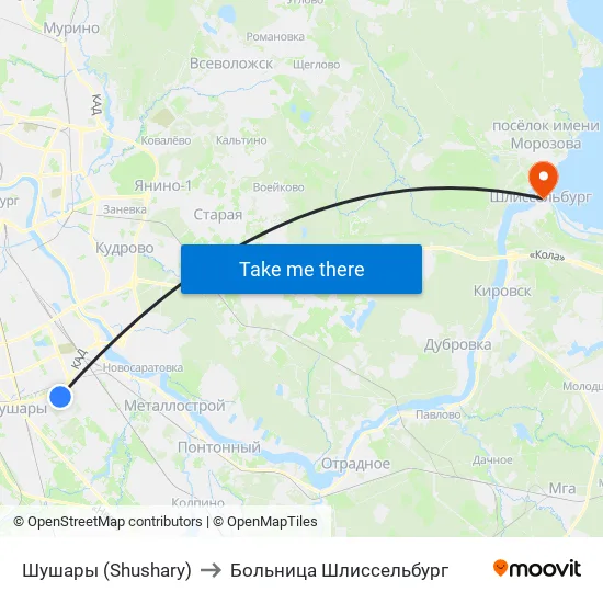 Шушары (Shushary) to Больница Шлиссельбург map