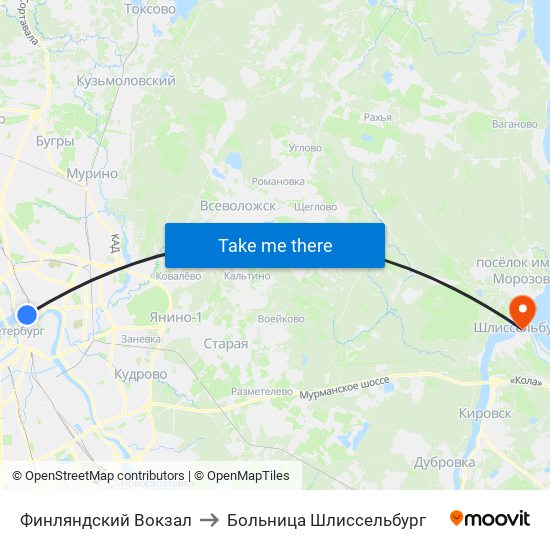 Финляндский Вокзал to Больница Шлиссельбург map