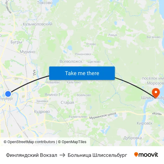 Финляндский Вокзал to Больница Шлиссельбург map