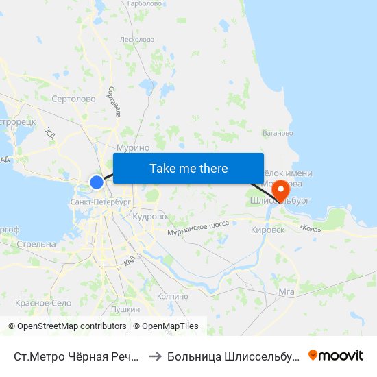 Ст.Метро Чёрная Речка to Больница Шлиссельбург map