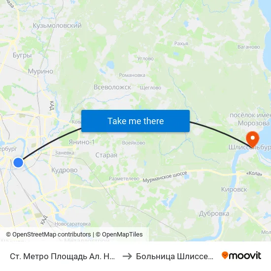 Ст. Метро Площадь Ал. Невского to Больница Шлиссельбург map