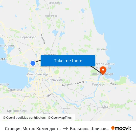 Станция Метро Комендантский Пр. to Больница Шлиссельбург map