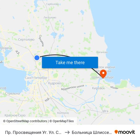 Пр. Просвещения Уг. Ул. Симонова to Больница Шлиссельбург map