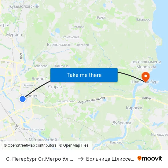 С.-Петербург  Ст.Метро Ул.Дыбенко to Больница Шлиссельбург map