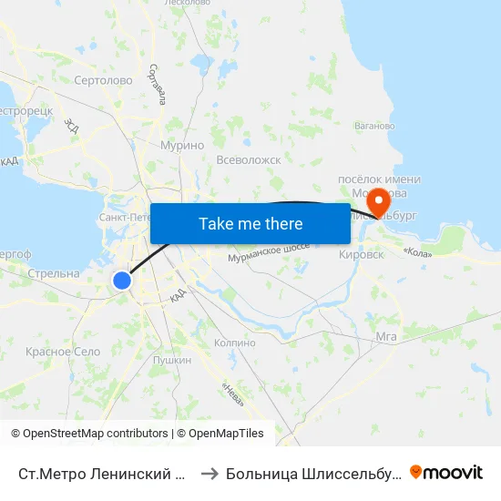 Ст.Метро Ленинский Пр. to Больница Шлиссельбург map