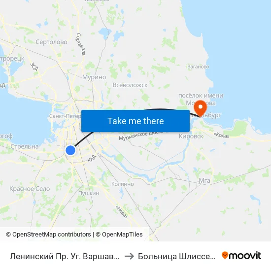 Ленинский Пр. Уг. Варшавской Ул. to Больница Шлиссельбург map