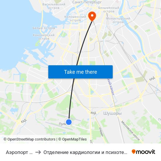 Аэропорт Пулково 1 to Отделение кардиологии и психотерапии Введенской больницы map