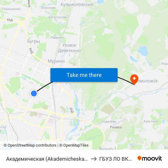 Академическая (Akademicheskaya) to ГБУЗ ЛО ВКМБ map