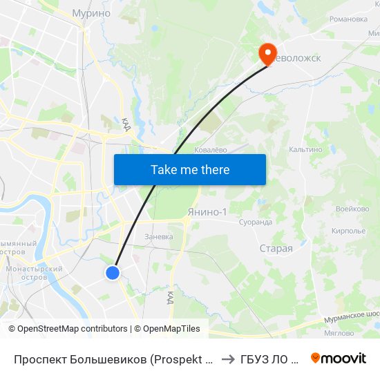 Проспект Большевиков (Prospekt Bol'Shevikov) to ГБУЗ ЛО ВКМБ map