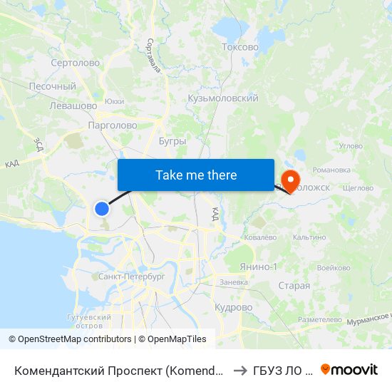 Комендантский Проспект (Komendantskiy Prospekt) to ГБУЗ ЛО ВКМБ map